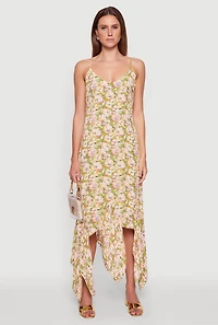 Floral Print Sleeveless Long Slip Dress with Open Tie Back