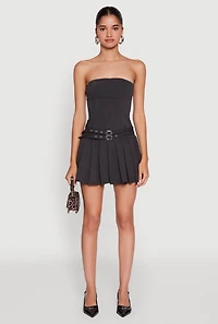Womens Double Belted Pleated Tube Skater Dress, Grey, Size M
