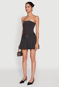 Womens Double Belted Pleated Tube Skater Dress, Grey, Size M