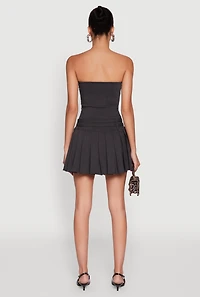 Womens Double Belted Pleated Tube Skater Dress, Grey, Size S