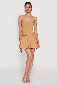 Womens Double Belted Pleated Tube Skater Dress, Beige, Size M