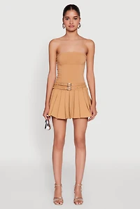 Womens Double Belted Pleated Tube Skater Dress, Beige, Size M