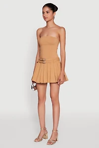 Womens Double Belted Pleated Tube Skater Dress, Beige, Size M