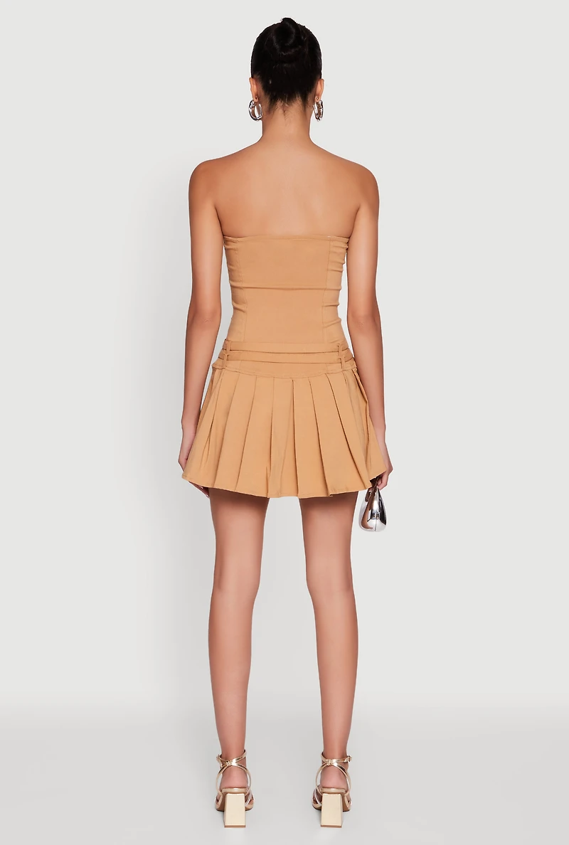 Womens Double Belted Pleated Tube Skater Dress, Beige, Size M