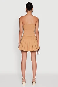 Womens Double Belted Pleated Tube Skater Dress, Beige, Size M