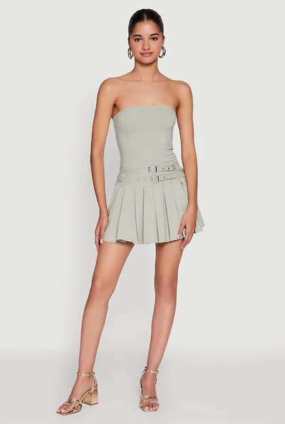 Womens Double Belted Pleated Tube Skater Dress,