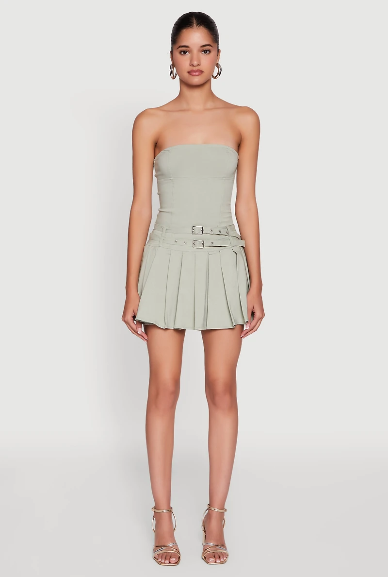 Womens Double Belted Pleated Tube Skater Dress,