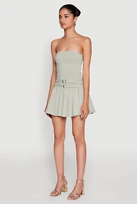 Womens Double Belted Pleated Tube Skater Dress,