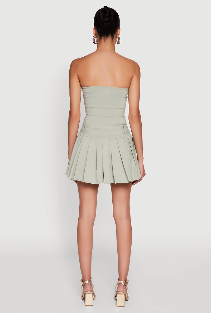 Womens Double Belted Pleated Tube Skater Dress,