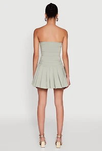 Womens Double Belted Pleated Tube Skater Dress,