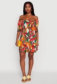 Abstract Leaf Print Cut Out Off The Shoulder Sundress