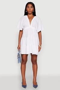 Womens Gauze Knit Plunge Tiered Mini Dress, White, Size L