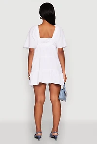 Womens Gauze Knit Plunge Tiered Mini Dress, White, Size L