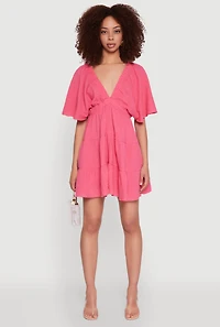 Womens Gauze Knit Plunge Tiered Mini Dress,