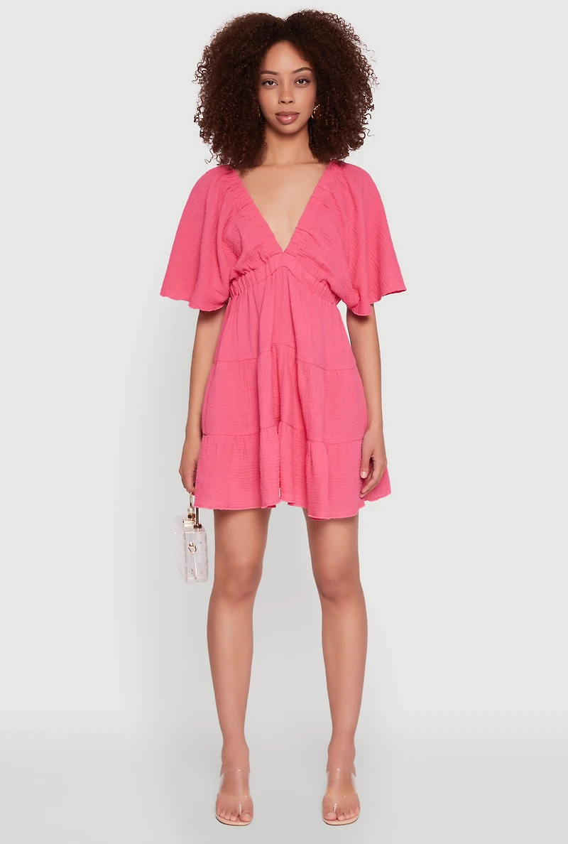 Womens Gauze Knit Plunge Tiered Mini Dress, L