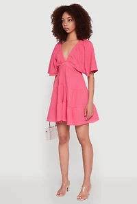 Womens Gauze Knit Plunge Tiered Mini Dress, Pink, Size M