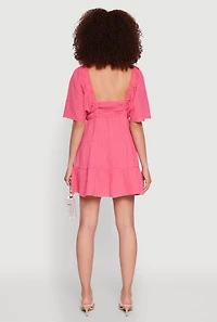Womens Gauze Knit Plunge Tiered Mini Dress,