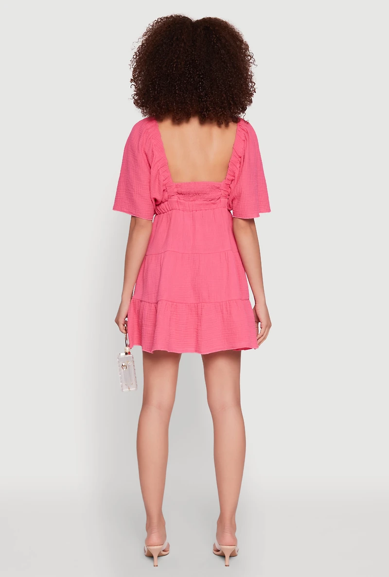 Womens Gauze Knit Plunge Tiered Mini Dress, L