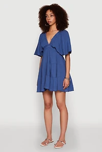 Womens Gauze Knit Plunge Tiered Mini Dress, Blue, Size M