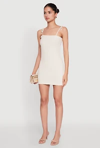 Womens Tie Shoulder Smocked Cami Dress, Beige, Size L