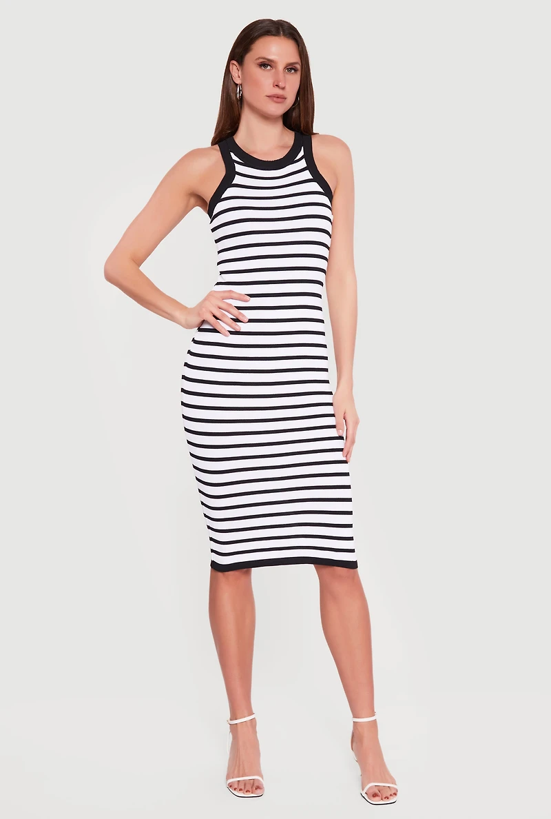 Striped Ribbed Knit Racerback Tank Midi Dress