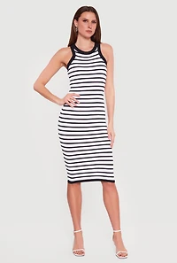Striped Ribbed Knit Racerback Tank Midi Dress