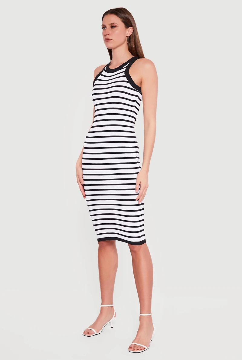 Striped Ribbed Knit Racerback Tank Midi Dress