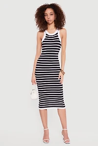 Striped Ribbed Knit Racerback Tank Midi Dress