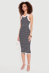 Striped Ribbed Knit Racerback Tank Midi Dress