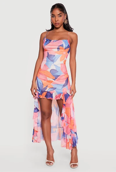 Ruffle Trim High Low Cowl Neck Dress