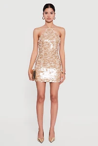 Womens Sequin Halter Mini Dress, Gold, Size XL