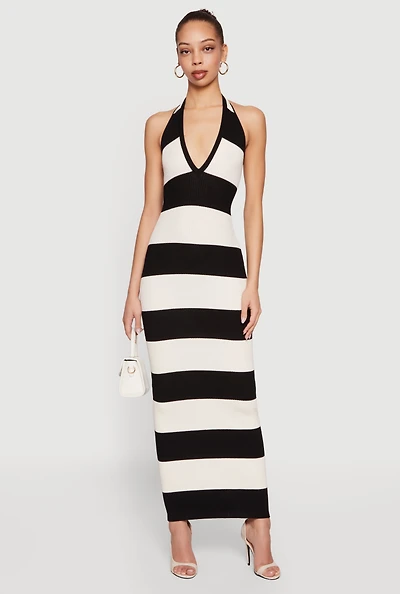 Striped Rib Knit Lace Up Back Halter Maxi Dress