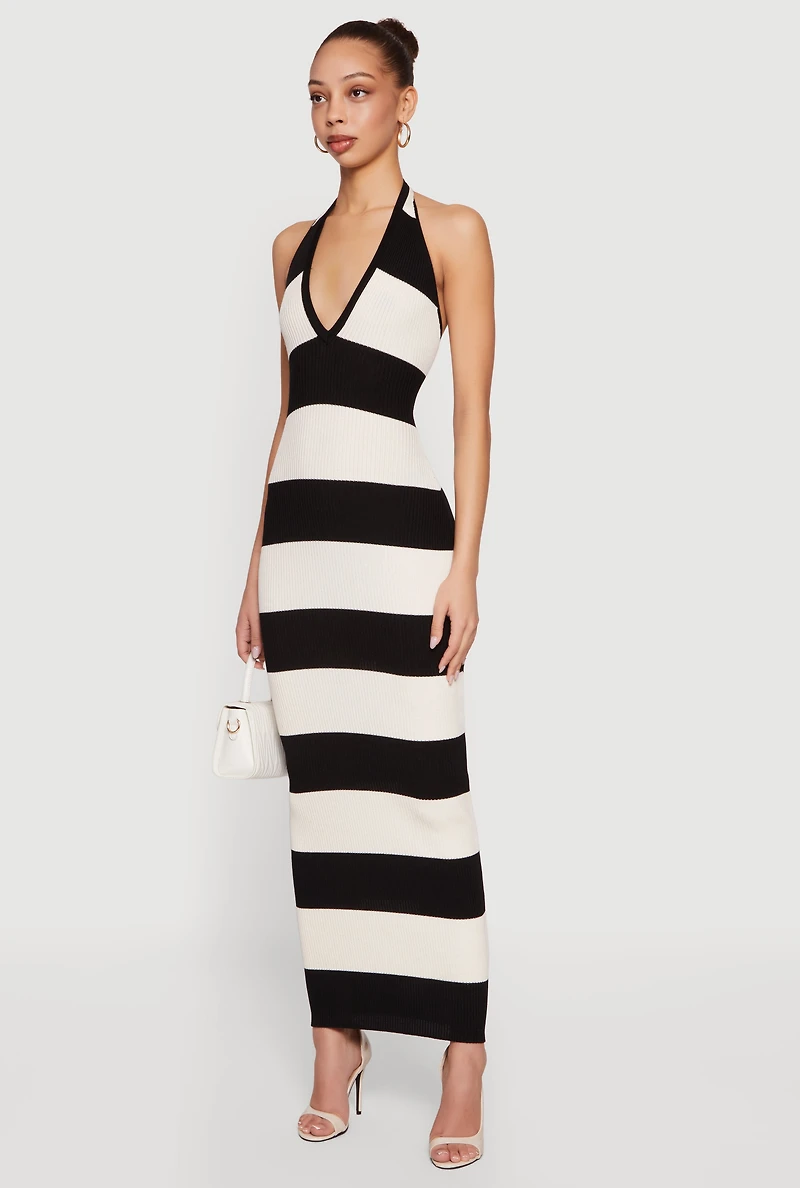 Striped Rib Knit Lace Up Back Halter Maxi Dress