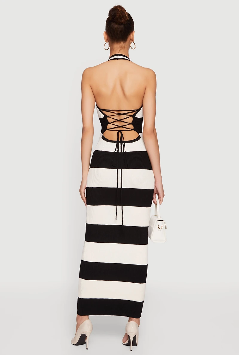 Striped Rib Knit Lace Up Back Halter Maxi Dress