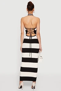 Striped Rib Knit Lace Up Back Halter Maxi Dress