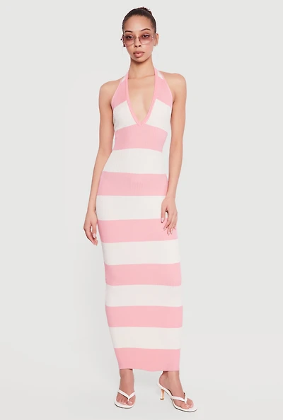 Striped Rib Knit Lace Up Back Halter Maxi Dress