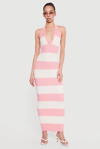 Striped Rib Knit Lace Up Back Halter Maxi Dress