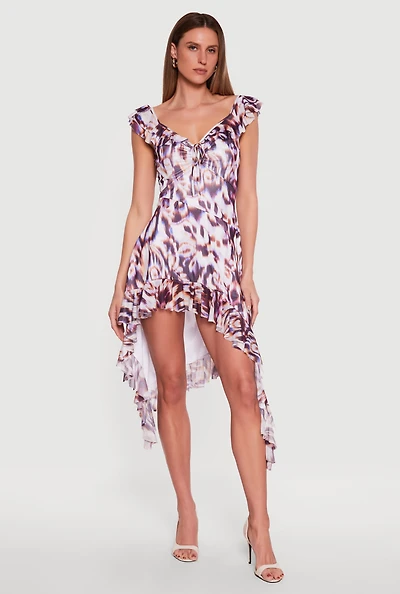 Ruffled Tie Front Asymmetrical High Low Dress