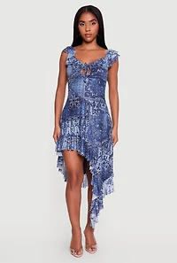 Bandana Print Mesh Tie Front Keyhole Asymmetrical Hem Dress