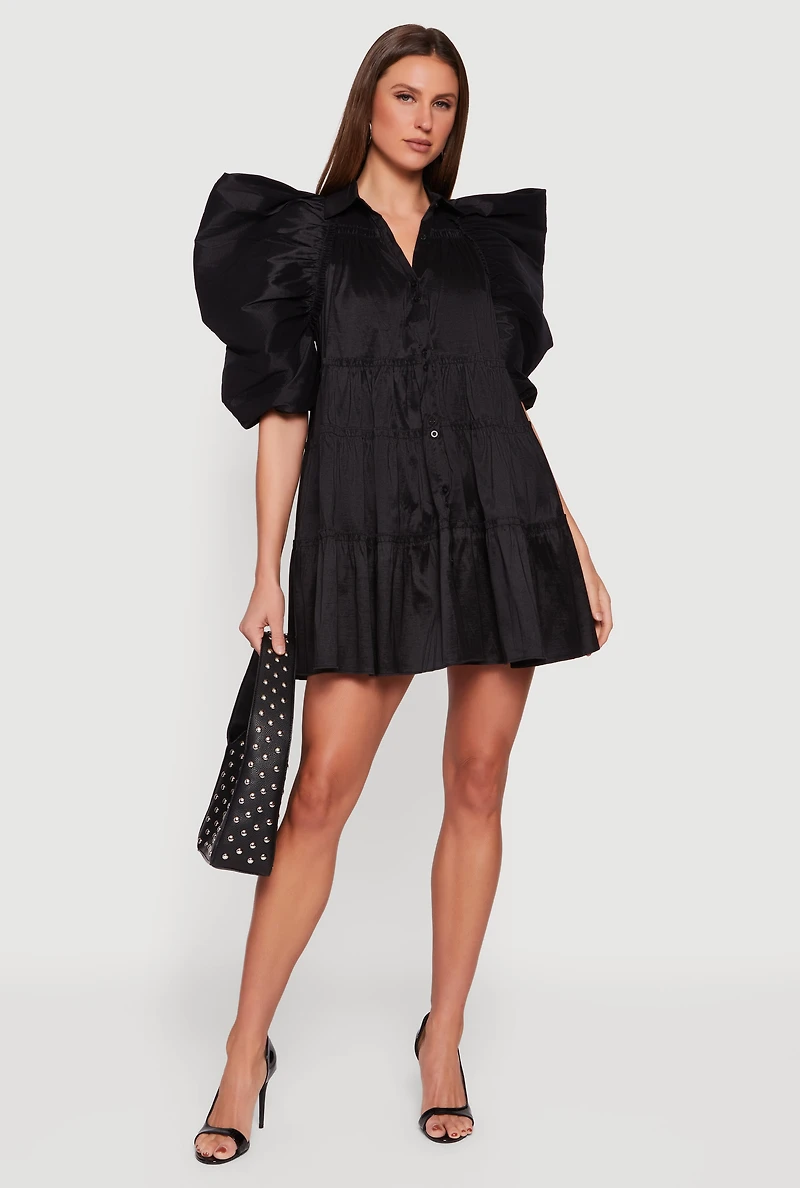 Puff Sleeve Button Front Tiered Dress