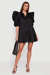 Puff Sleeve Button Front Tiered Dress