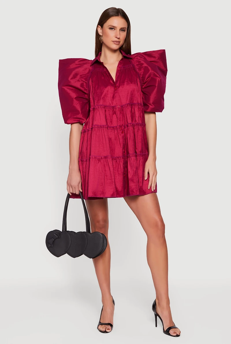 Womens Puff Sleeve Button Front Tiered Dress,