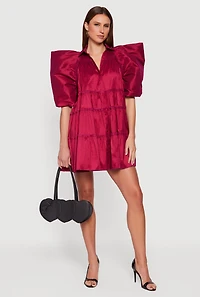 Womens Puff Sleeve Button Front Tiered Dress,