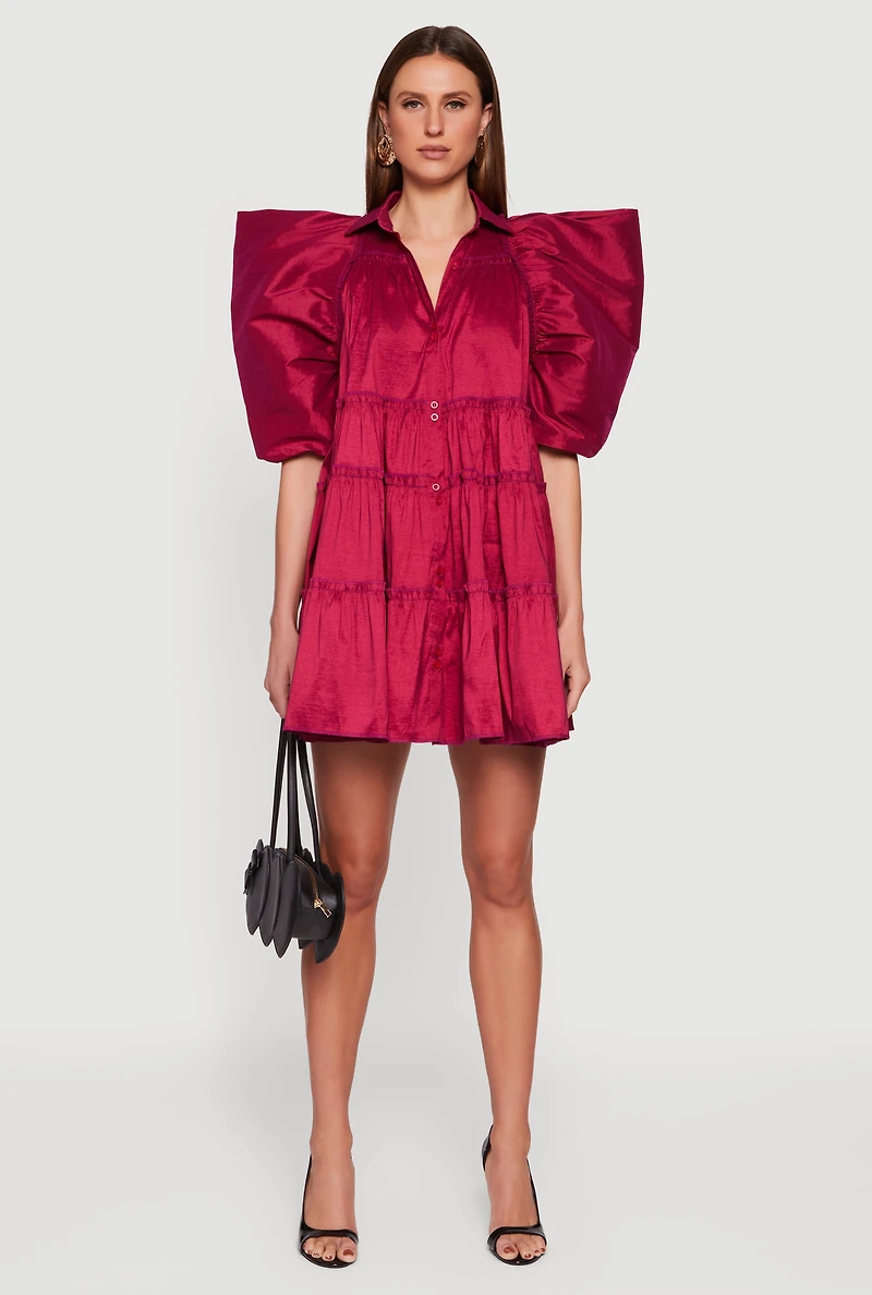 Womens Puff Sleeve Button Front Tiered Dress,