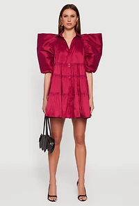 Womens Puff Sleeve Button Front Tiered Dress,