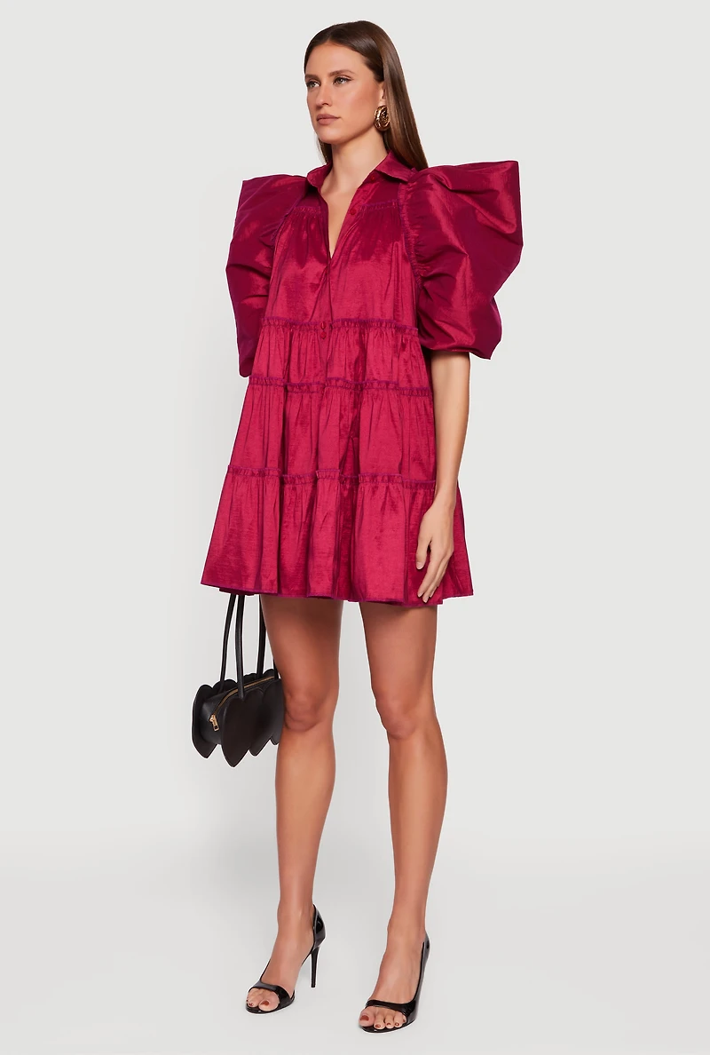 Womens Puff Sleeve Button Front Tiered Dress,