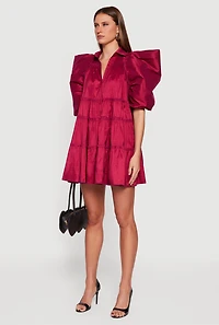 Womens Puff Sleeve Button Front Tiered Dress,