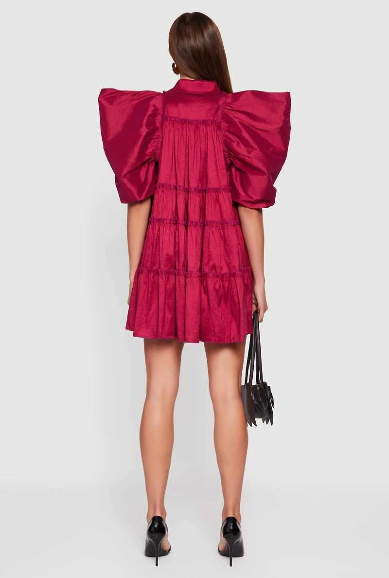 Womens Puff Sleeve Button Front Tiered Dress,