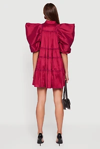 Womens Puff Sleeve Button Front Tiered Dress,