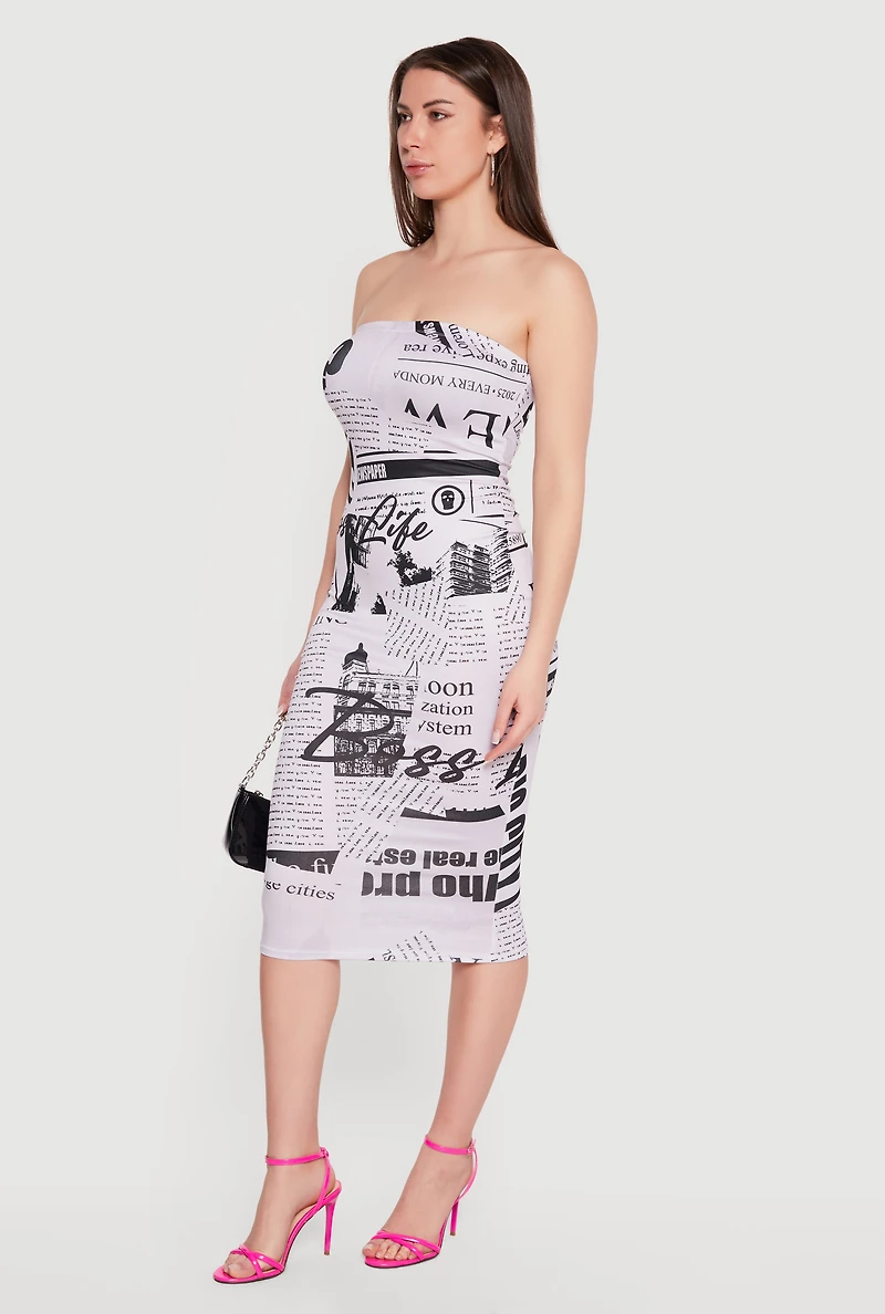 Newspaper Print Midi Tube Dress